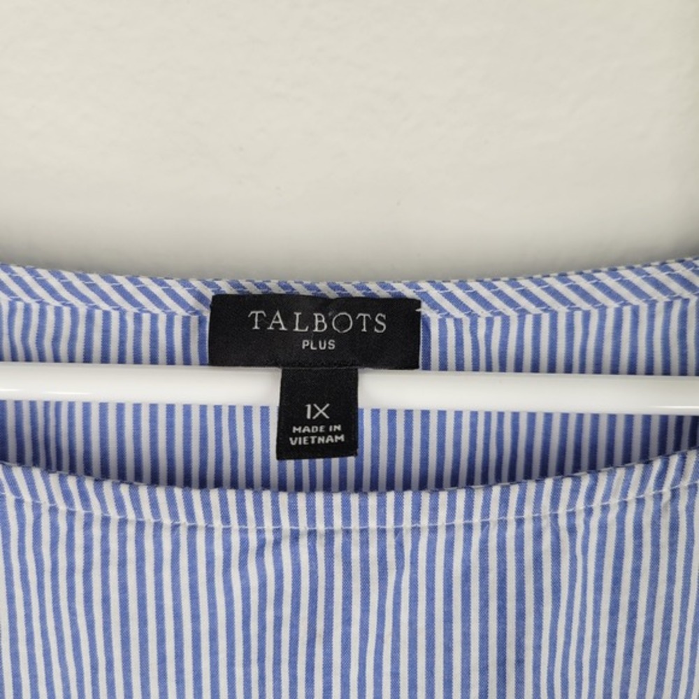 Talbots Plus 1X Blue White Stripe Blouse Top Tie cuffs Boho lace inset - Picture 7 of 8